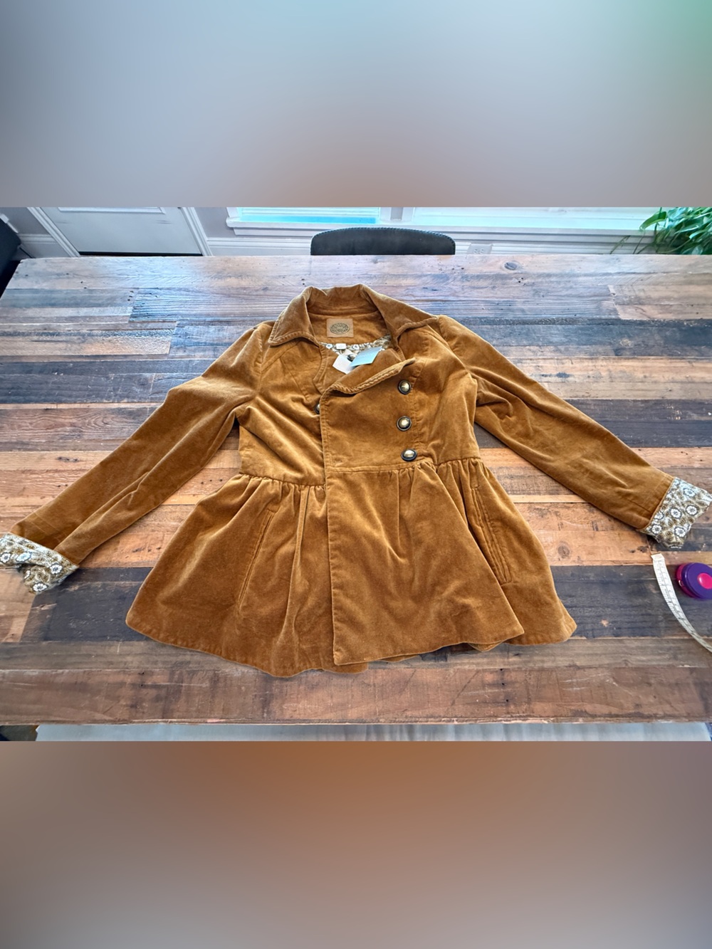 Anthropologie Mustard Brown Velvet Peplum Jacket